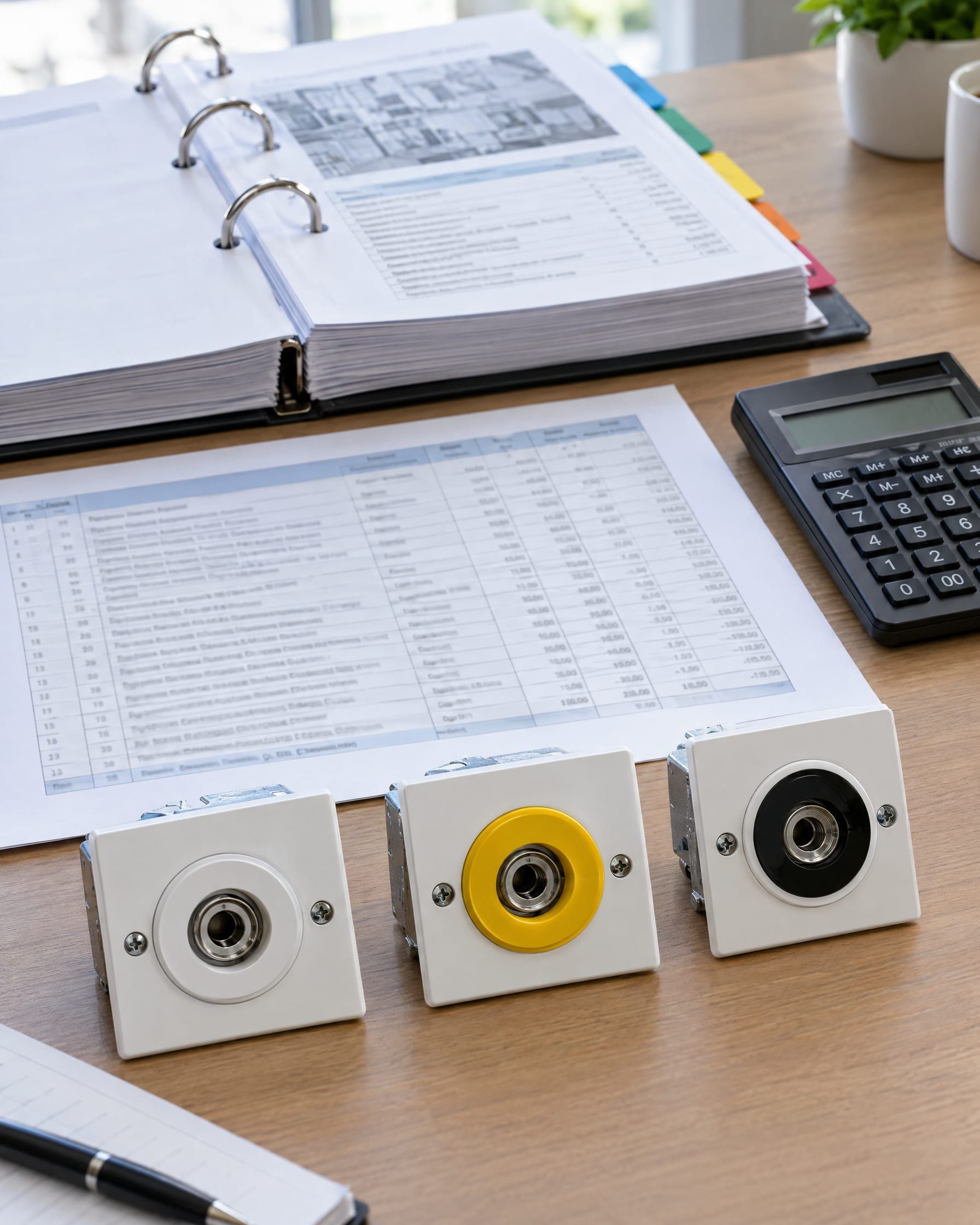 A tender binder, a bill of quantities and medical gas outlet samples on a desk