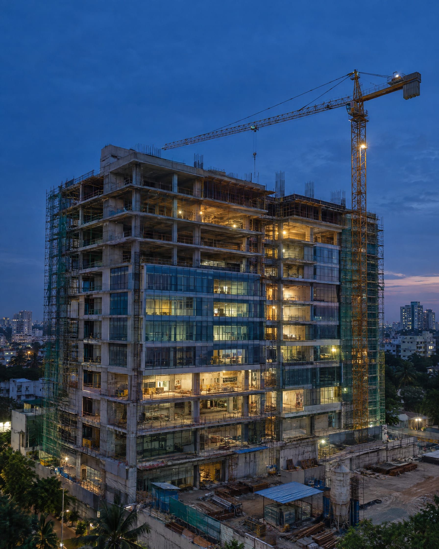 A multi-storey hospital building under construction at dusk with a tower crane