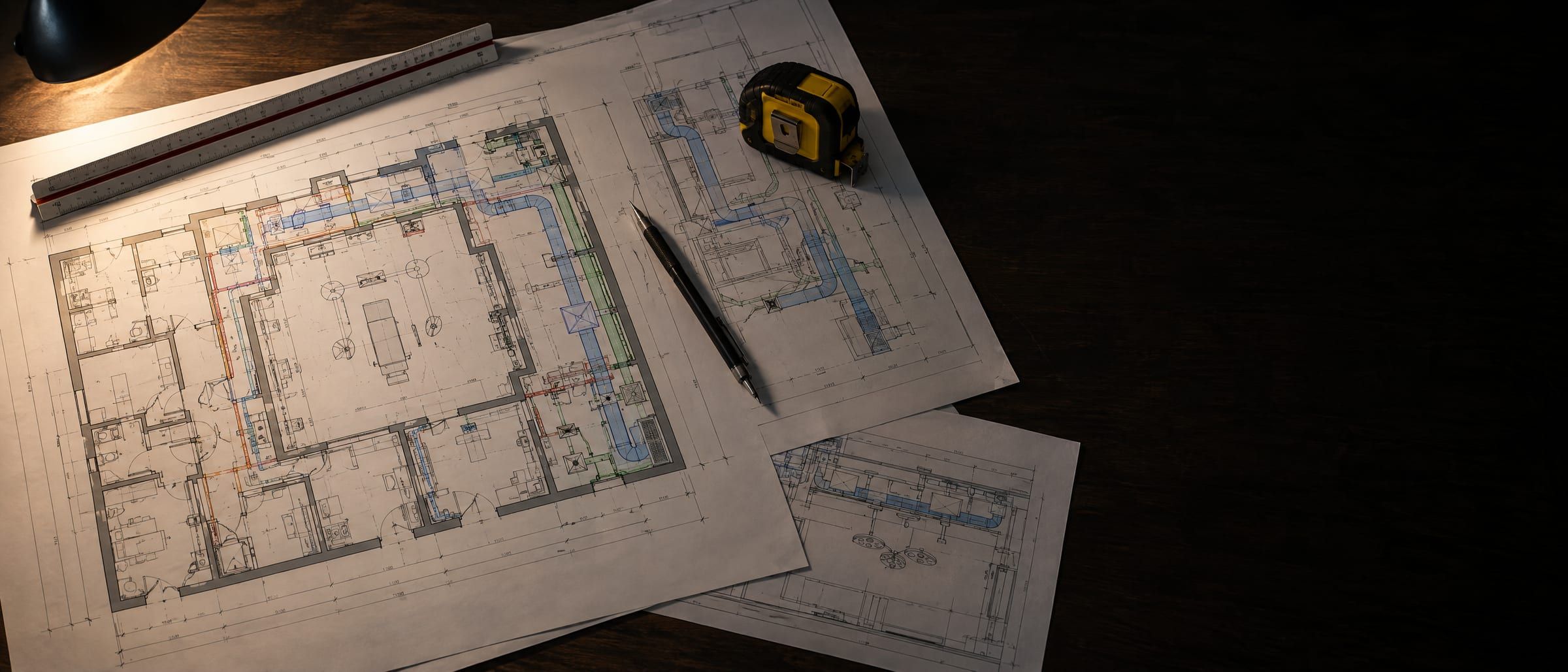 Printed plan drawings of an operating theatre suite with duct runs, a scale ruler and a pencil