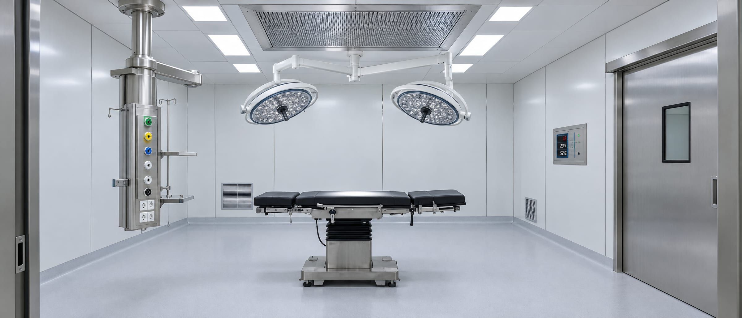 An empty modular operating theatre: laminar airflow ceiling, gas pendant, pressure panel and hermetic sliding door