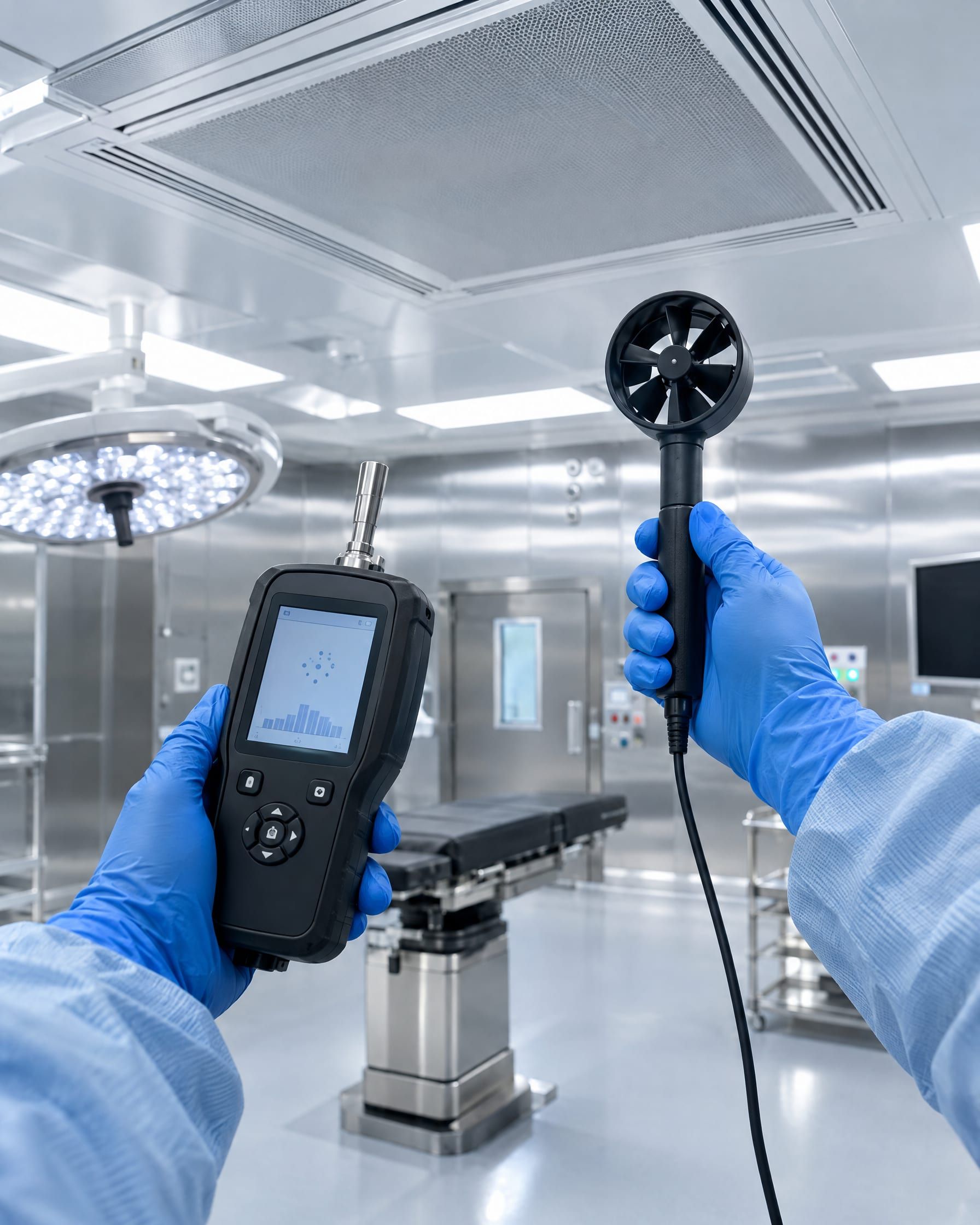 A gloved hand holding a particle counter and a vane anemometer under a laminar airflow ceiling